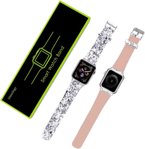 iiteeology Compatible with Apple Watch Band 46mm 45mm 44mm 42mm, Glitter Shiny Bling Leather Band for iWatch Series 10/9/8/7/6/5/4/3/2/1/SE - Silv...