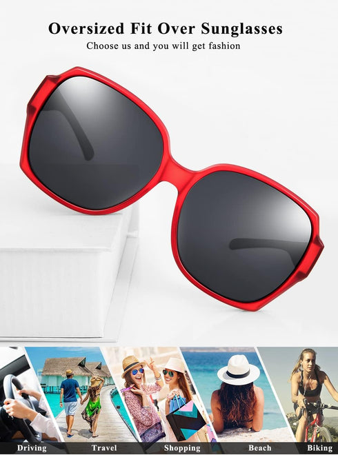 Polarized Sunglasses Fit Over Glasses Over Glasses Trendy Round Cat Eye and HD Wrap-around Sunglasses (matte red, Black)...
