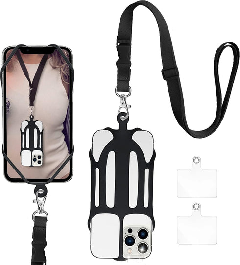 Phone Lanyard, Phone Lanyards for Around the Neck, 2 in 1 Phone Strap with Silicone Phone Holder and Patch, Fits iPhone and Most Cell Phones (Blac...