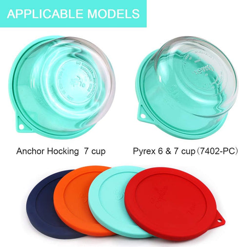 Sophico Round Silicone Storage Cover Lids Replacement for Anchor Hocking and Pyrex 7402-PC 6/7 Cup Glass Bowls (Container not Included)(Mint - 2 p...