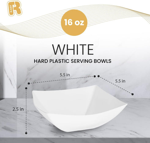 R-kay 6 Pack Square Plastic Serving Bowls - White Plastic bowls 16 Oz - Disposable Serving Bowls - Premium white Bowls Disposable Heavy Duty For W...