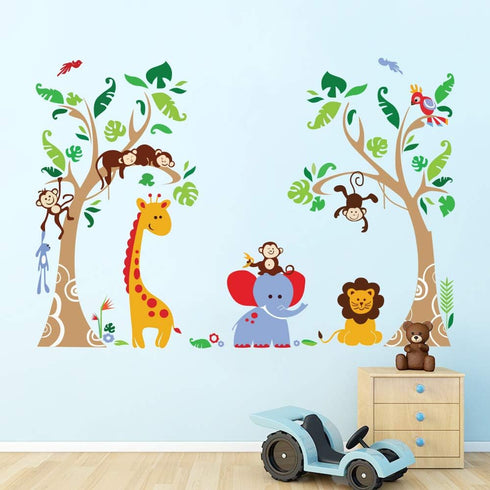 Runtoo Jungle Animals Tree Wall Decals for Nursery Baby Kids Bedroom Monkey Giraffe Elephant Wall Stickers Adventure Wall Décor...