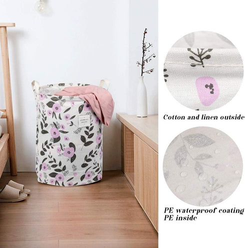 UUJOLY Collapsible Laundry Basket, Laundry Hamper with Handles Waterproof Round Cotton Linen Laundry Hamper Printing Household Organizer Basket, 1...