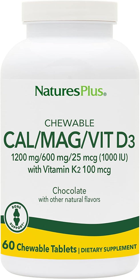 NaturesPlus Cal/Mag/VIT D3 with Vitamin K2-60 Chewable Tablets - Chocolate Flavor - Calcium, Magnesium, Vitamin D3 & K2 Bone Health Support Supple...