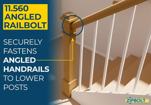 Zipbolt 11.560 Angled Railbolt — Angled Staircase Handrail to Newel Post Connector for Lower Connection, Residential and Commercial Installation, ...