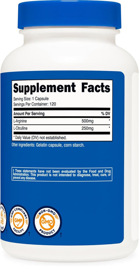Nutricost L-Arginine L-Citrulline Complex 750mg, 120 Capsules - Non-GMO...