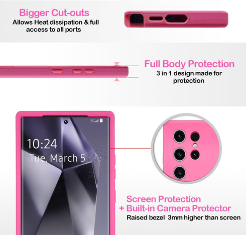 Coolwee Hot Pink Full Body Protective Case for Galaxy S24 Ultra Heavy Duty 3 Layers Rugged Shockproof Women for Samsung Galaxy S24Ultra 6.8 inch S...