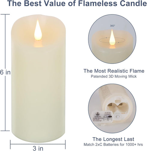 Flameless Candles Flickering 3D Moving Flame, Last 1000+ Hours Battery Operated Candles with Timer, Ivory Real Wax Electric LED Pillar Candles for...