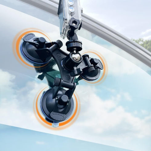 Triple Suction Cup Mount Holder Action Camera Car Windshield Mount with 1/4 Threaded Head 360 Degree Tripod Ball Head Mount & Screw for Gopro, DJI...
