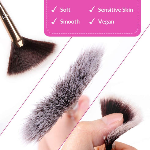 Fan Makeup Brush For Highlighter, Blush, Flutty&Powder Cosmetic Tool w/Long Handle& Anti-Champagne Gold Brush...