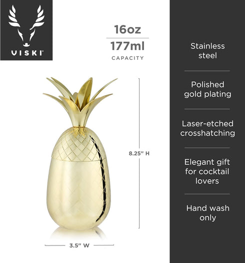 Viski Gold Pineapple Tumbler with Lid for Mai Tais, Tiki Drinks, and Craft Cocktails, Tumbler Cup, Stainless Steel with Gold Plating, 16 Oz Set of...