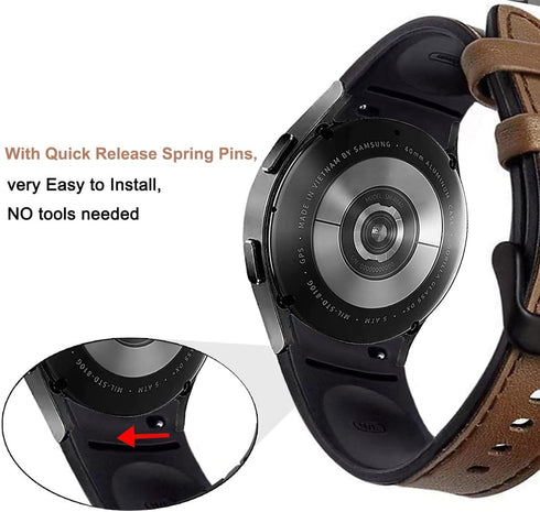 No Gaps Band Compatible with Samsung Galaxy Watch 6/5/ 4 40mm 44mm, Genuine Leather with Silicone Replacement Bracelet Bands Strap for Galaxy Watc...