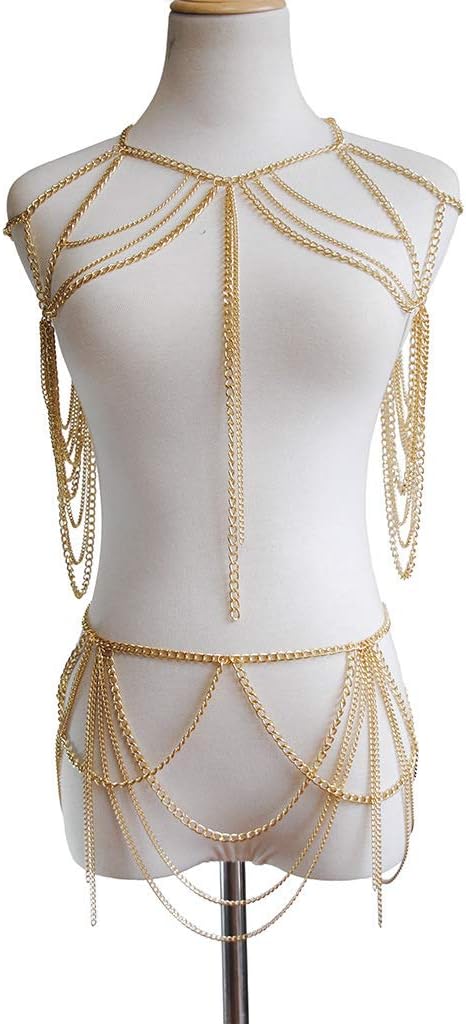 Yixin Women's metal body chain set Indian belly chain Bohemian jewelry bikini Halloween Costume Party (gold)...