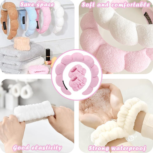 Spa Headbands for Washing Face Wristband Set Sponge Makeup Skincare Headband Wrist Towels Bubble Soft Terry Towel Cloth Hairband for Women Puffy H...