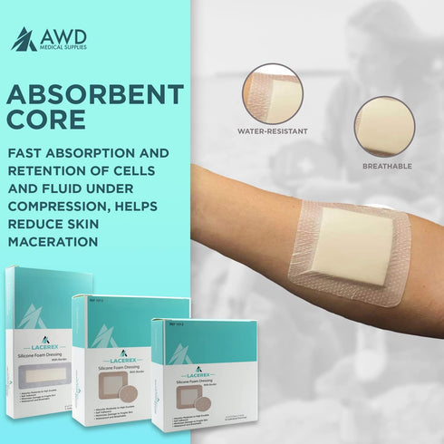 AWD Medical Bordered Silicone Foam Dressing - Waterproof Bedsore Silicone Bandages - Absorbent, Wound Dressing First Aid Bandage for Wound Care - ...