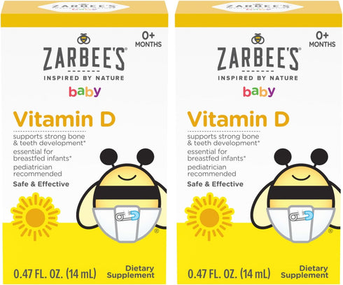 Zarbee's Vitamin D Drops for Infants, 400IU (10mcg) Baby & Toddler Liquid Supplement, Newborn & Up, Dropper Syringe Included, Pack of 2 0.47 Fl Oz...
