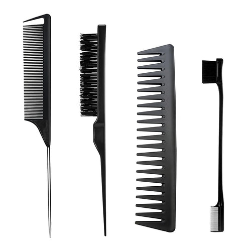 Teasing Hair Brush, Hair Styling Comb Set 4 PCS, Rat Tail Comb Edge Brush, Hair Tail Tools for Women Girls Kids Braiding Backcombing Styling (Blac...