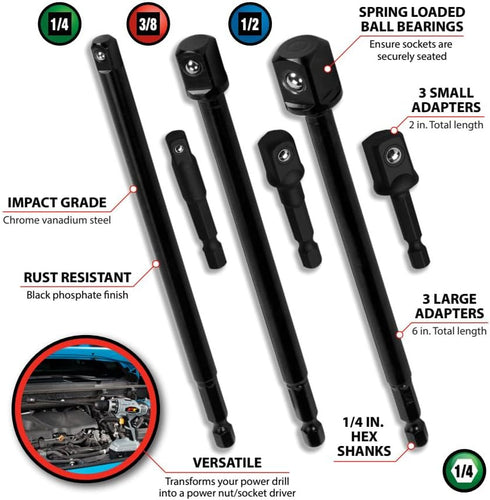 Performance Tool W9032 2" and 6" Socket Adapter Set - 6 Pieces, Impact Grade Steel, Versatile Socket Compatibility...