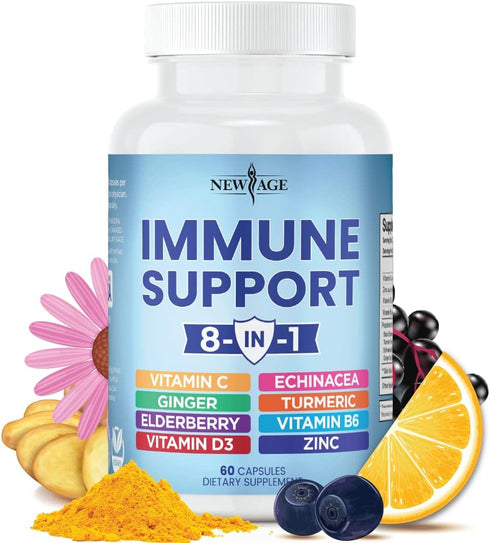 8 in 1 Immune Support Booster Supplement with Echinacea, Vitamin C and Zinc 50mg, Vitamin D 5000 IU, Turmeric Curcumin & Ginger, B6, Elderberry 60...
