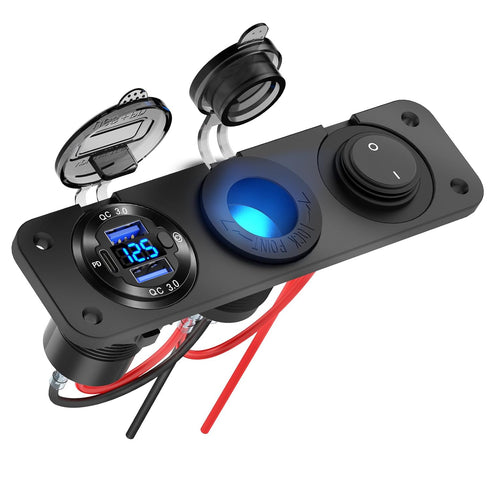 12V USB Outlet Boat Accessories Marine Switch Panel Plug, PD3.0 and Dual QC3.0 USB Ports Aluminum Car Charger with Voltmeter, Lighted 150W Cigaret...