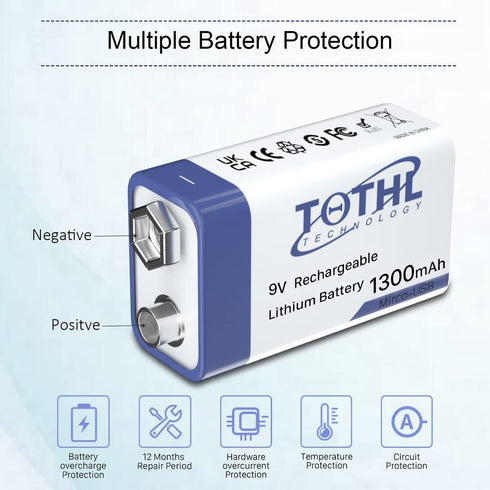 9V Rechargeable Batteries,9V Lithium Battery High Capacity 1300mAh(11700mAh),with 2 in 1 USB Charging Cable for Smoke Alarms, Multimeters, Microph...