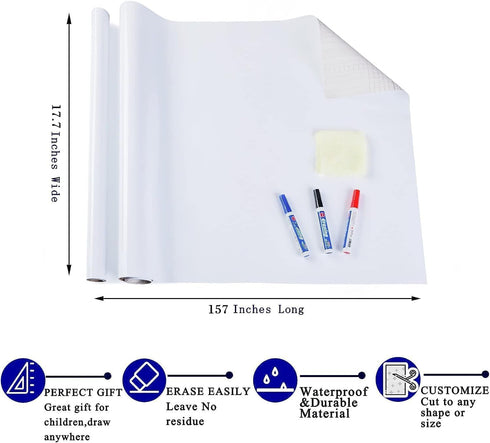 Bloss White Board Dry Erase, 17.7Inch x 13 FT Long with 3 Dry Erase Marker, Peel and Stick Whiteboard Paper, Dry Erase Sticker for Wall, Classroom...