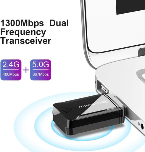 Blueshadow AC1300 USB WiFi Adapter - 2.4G/5G Dual Band Wireless Network Adapter for Desktop Computers PC, MU-MIMO WiFi Dongle, USB 3.0, Supports W...