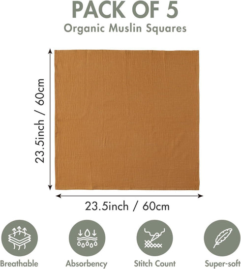 Muslin Swaddle Blankets, Neutral Burp Cloths Receiving Blanket Swaddling for Newborn Boys and Girls, 5 Pack Breathable and Skin-Friendly Swaddle W...