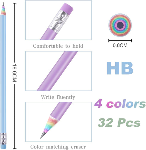 32PCS Eco-friendly Wood & Plastic Free Recycled Rainbow Paper Pencils #2 HB Pencils Number 2 Pencils Erasers Toppers with Pencil Sharpener, Macaro...
