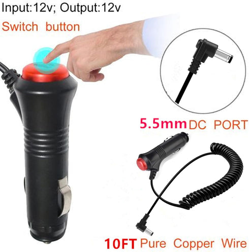 12V/24VCar Cigarette Lighter Power Supply Adapter Male Plug Extension Cable 9.84FT with Switch Button DC 5.5mm x 2.1mm to Car Cigarette Lighter Ma...