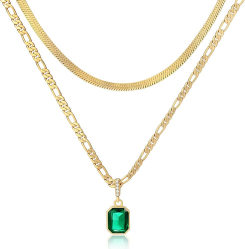 ACECHA Gold Layered Necklaces for Women, 18K Gold Plated Emerald Pendant Rectangle Necklaces for Teen Girls, Layering Choker Necklace Jewelry Gift...