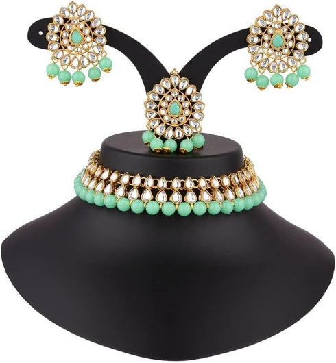 Efulgenz Kundan Indian Bridal Jewelry Indian Choker Set Faux Pearl Kundan Choker Wedding Bridal Bollywood Necklace Earrings Maang Tikka Jewelry Se...