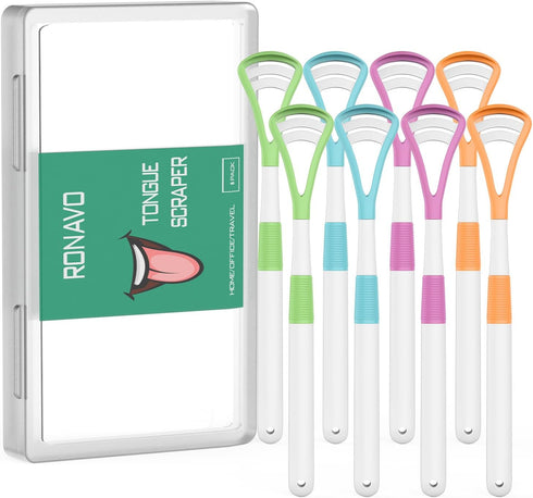 RONAVO Tongue Scraper (8pcs), Brushing and Scraping for Oral Care, 100% BPA Free Tongue Cleaner with Travel Carry Case for Family, Adults, Kids, R...
