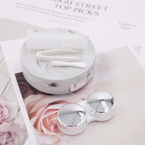 Honbay Fashion Marble Contact Lens Case Portable Contact Lens Box Kit with Mirror (Round) (Silver)...