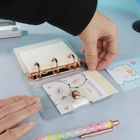 Mini Size 3-Ring Binder Cover Clear Refillable PVC Notebook Binder with Snap Button Closure File Folder for 3-Holes Filler Paper Loose Leaf Person...
