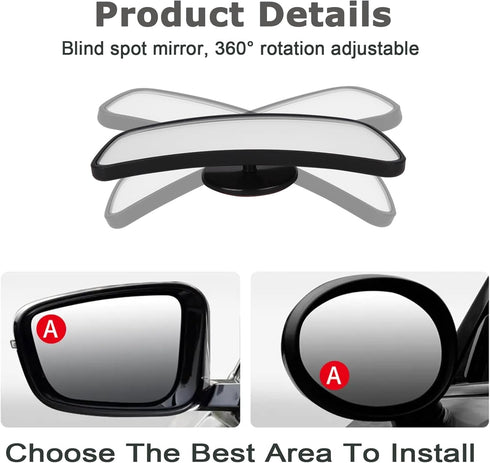Blind Spot Mirror, Framed Rectangular Blind Spot Car Mirror, Upgrade HD Glass Wide Angle Mirror, 360° Adjustable Convex Rear View Mirror for Unive...
