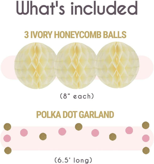 EpiqueOne 22-Piece Tissue Paper Pom Poms Party Set - Pink, Gold & Ivory | Includes 12 Pom Poms, 6 Paper Lanterns, 3 Honeycomb Balls & 1 6.5 ft. Ga...
