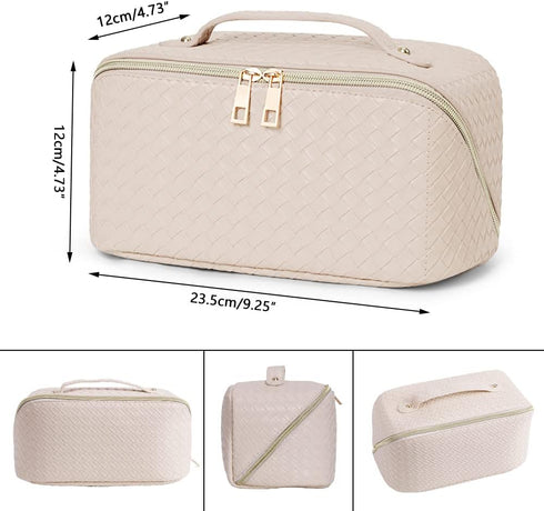 Cessfle Large Capacity Travel Cosmetic Bag, Boho White Makeup Bag Waterproof Leather Travel Toiletry Bag Woven Open Flat Makeup Organizer Bag Quil...