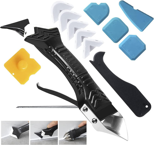 Silicone Caulking Tool, 5 in 1 Caulking Sealant Finishing Tool with Grout Scraper, 6 Exchange Silicone Pads, Adhesive Residue Scraper Seam Repair ...
