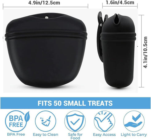 Silicone Dog Treat Pouch and Dog Clickers,Dog Training Pouch Bag with Magnetic Buckle Closure and Waist Clip for Treats,Leash,Walk (Black&Grey 4PC...