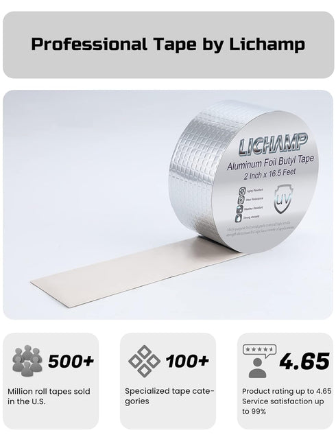 Lichamp Aluminum Butyl Tape, Waterproof Butyl Aluminum Foil Tape 2 inches x 16.4ft for RV Repair, Roof, Window Patch, Boat and Outdoor Pipe Sealin...