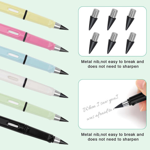 6pcs Everlasting Pencil Unlimited Inkless Pencil,Reusable Everlasting Pen with Eraser and 6pcs Replacement Nibs,Erasable Infinite Pens for Student...