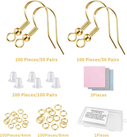 925 Sterling Silver Earring Hooks 200 PCS, Gold Earring Hooks for Jewelry Making, Hypoallergenic Fish Hook Earrings Making Kit, DIY Earring, with ...