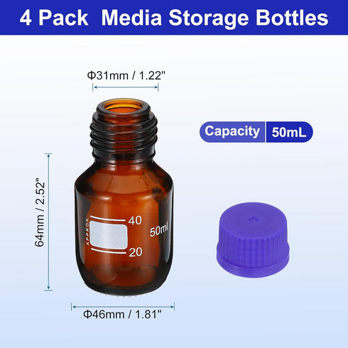 PATIKIL 4 Pack Reagent Media Storage Bottles, 50ml Borosilicate Glass Graduated Round Bottles with GL45 Blue Screw Cap for Lab Water Reagent Liqui...