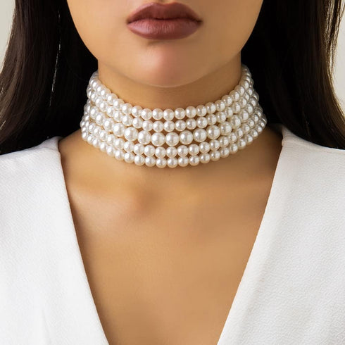 5 Layers Strand Round Imitation Pearl Choker Necklace Vintage Multi Strands Necklace Collar Choker Pearl Statement Bridal Choker Necklace for Wedd...