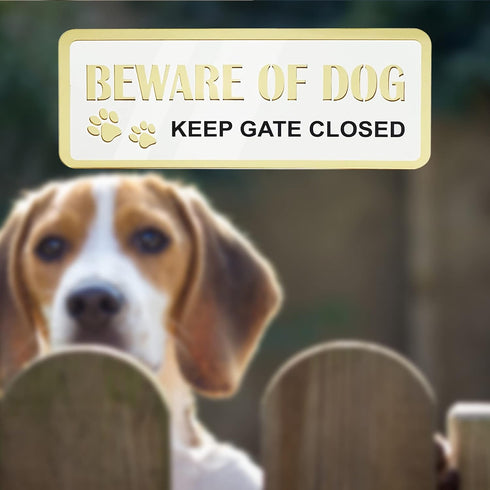 Beware of Dog Signs for Fence 2 Pack 7.9" x 3.1" Double Layer Gold with White Acrylic Dog Sign for Fence Beware of Warning Signs, Include Adhesive...