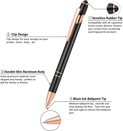 Aozora 9 Pack Ballpoint Pens Smooth Writing 2-in-1 Stylus Retractable Ballpoint Pen with Stylus tip, Office Decor Metal Stylus Pen for Touch Scree...