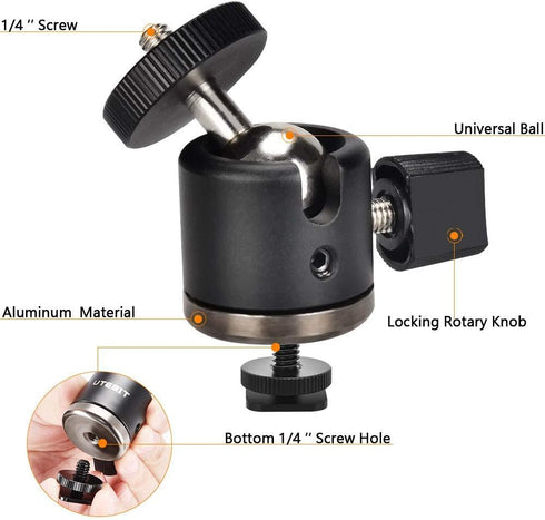 UTEBIT Mini Ball Head, Tripod Head with 1/4" hot Shoe, 360° Rotatable Ball Heads Camera Mount Adapter, Aluminium 20mm Ballhead Compatible with Tri...
