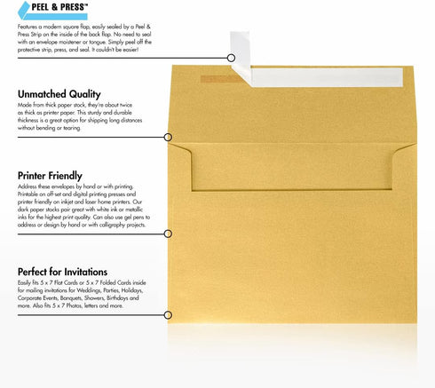 LUXPaper A7 Invitation Envelopes | Peel & Press | 5 1/4" x 7 1/4" | Gold Metallic | 80lb. Text | 50 Qty...