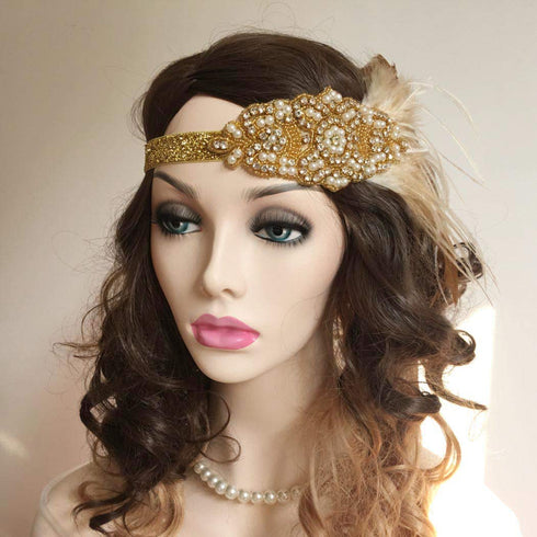 Asooll 1920s Feather Headband Gold Vintage Crystal Flapper Headpiece Headdress Prom Head Accessories for Women and Girls...